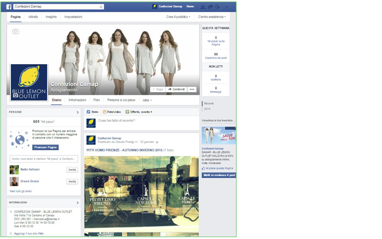 Pagina facebook confezioni damap Prodigi sponsorizzazione su social network
